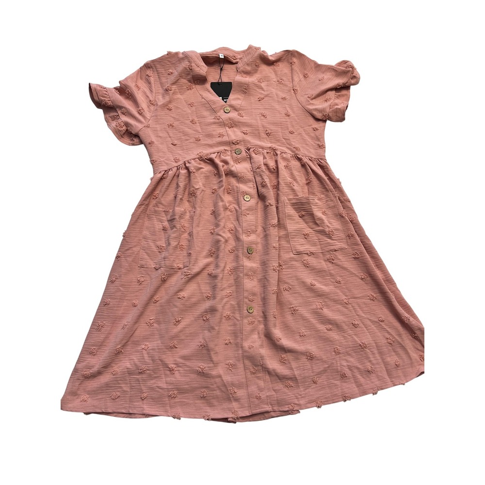 Swiss Dot Dress Womens Medium Pink Button Front Short Sleeve Pockets A-Line